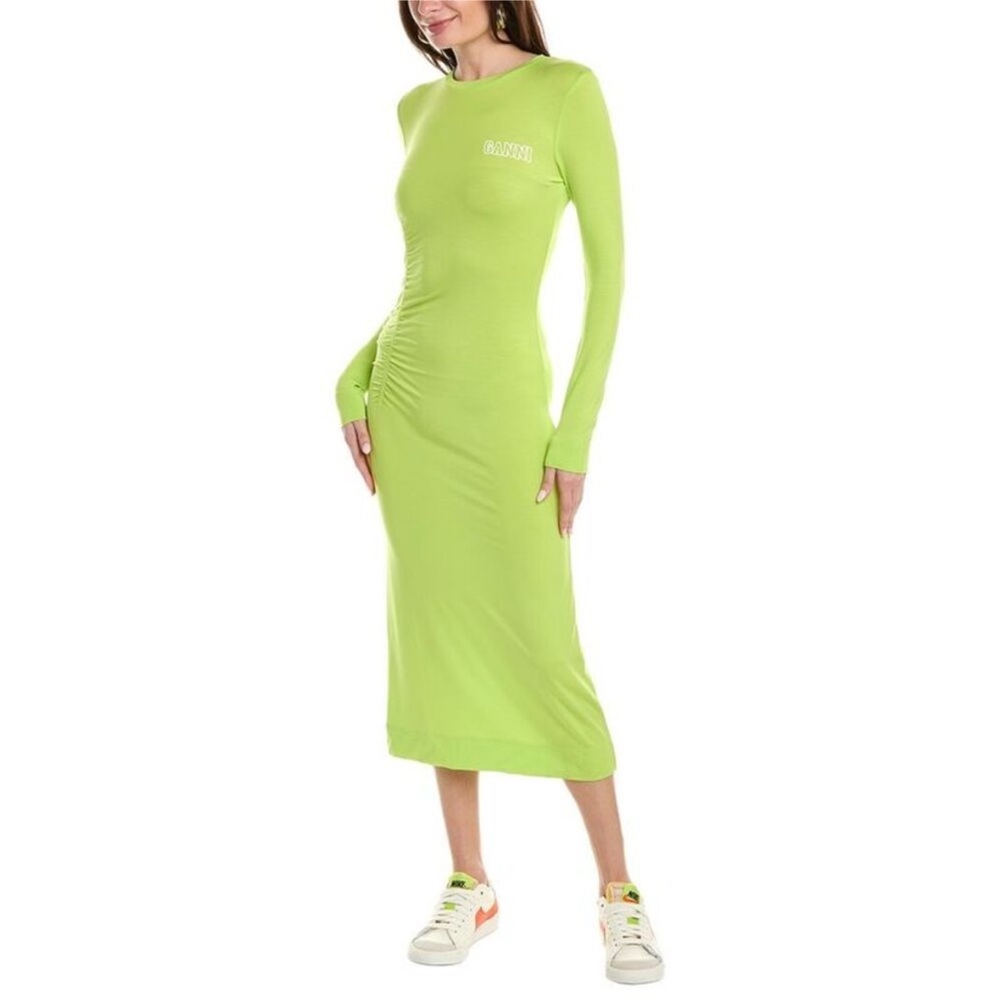 GANNI Fitted Midi Dress Long Sleeve Lime Green Size M